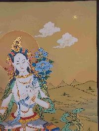 [karma Gadri Art Style], Buddhist Handmade Thangka Of White Tara, [hand Painted], Real Gold