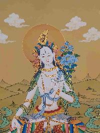 [karma Gadri Art Style], Buddhist Handmade Thangka Of White Tara, [hand Painted], Real Gold