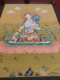 [karma Gadri Art Style], Buddhist Handmade Thangka Of White Tara, [hand Painted], Real Gold