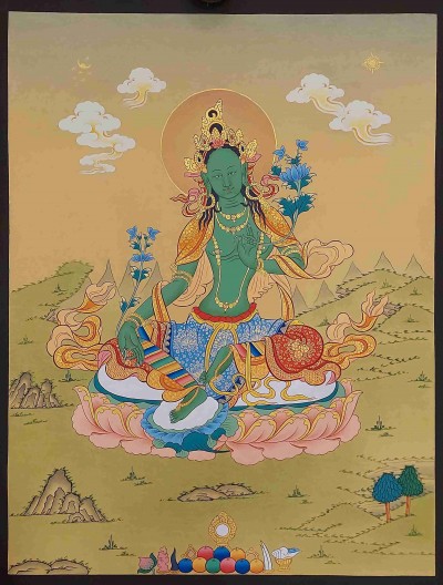 [karma Gadri Art Style], Buddhist Handmade Thangka Of Green Tara, [hand Painted], Real Gold