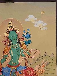 [karma Gadri Art Style], Buddhist Handmade Thangka Of Green Tara, [hand Painted], Real Gold