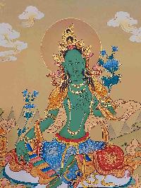 [karma Gadri Art Style], Buddhist Handmade Thangka Of Green Tara, [hand Painted], Real Gold