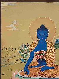 [karma Gadri Art Style], Buddhist Handmade Thangka Of Medicine Buddha, [hand Painted], Real Gold