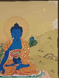 [karma Gadri Art Style], Buddhist Handmade Thangka Of Medicine Buddha, [hand Painted], Real Gold