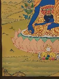 [karma Gadri Art Style], Buddhist Handmade Thangka Of Medicine Buddha, [hand Painted], Real Gold