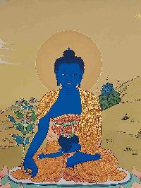 [karma Gadri Art Style], Buddhist Handmade Thangka Of Medicine Buddha, [hand Painted], Real Gold