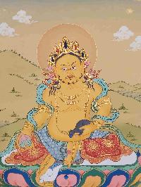 [karma Gadri Art Style], Buddhist Handmade Thangka Of Yellow Jambhala, [hand Painted], Real Gold