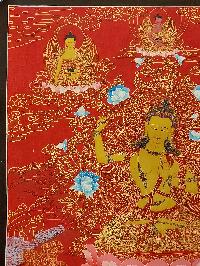 Buddhist Handmade Thangka Of Manjushree, [hand Painted], Real Gold Supported By Chenrezig And Vajrapani, Three Great Bodhisattvas