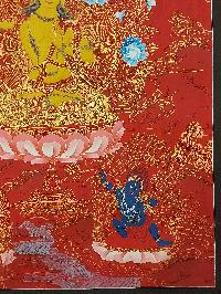 Buddhist Handmade Thangka Of Manjushree, [hand Painted], Real Gold Supported By Chenrezig And Vajrapani, Three Great Bodhisattvas