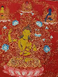 Buddhist Handmade Thangka Of Manjushree, [hand Painted], Real Gold Supported By Chenrezig And Vajrapani, Three Great Bodhisattvas