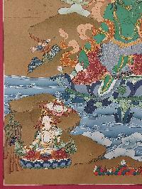 Buddhist [karma Gadri Art], Handmade Thangka Of Green Tara, [hand Painted], Real Gold, [karma Gadri Art] Supported By Umbrella, Saraswati