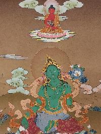 Buddhist [karma Gadri Art], Handmade Thangka Of Green Tara, [hand Painted], Real Gold, [karma Gadri Art] Supported By Umbrella, Saraswati