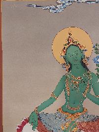 Buddhist [karma Gadri Art], Handmade Thangka Of Green Tara, [hand Painted], Real Gold, [karma Gadri Art]