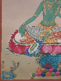 Buddhist [karma Gadri Art], Handmade Thangka Of Green Tara, [hand Painted], Real Gold, [karma Gadri Art]