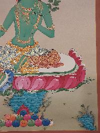 Buddhist [karma Gadri Art], Handmade Thangka Of Green Tara, [hand Painted], Real Gold, [karma Gadri Art]