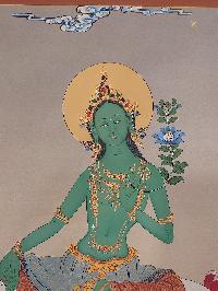 Buddhist [karma Gadri Art], Handmade Thangka Of Green Tara, [hand Painted], Real Gold, [karma Gadri Art]