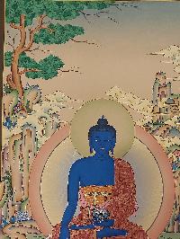 Buddhist [karma Gadri Art], Handmade Thangka Of Medicine Buddha, [real Gold, Hand Painted], Supported By Manjushri And Vajrapani, [sold]