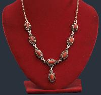 Designer Silver Necklace Of Eight Red Stone Design (red Coral).