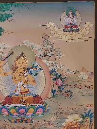 Buddhist [karma Gadri Art], Handmade Thangka Of Manjushri, Manjushree, [real Gold, Hand Painted], Supported By Chenrezig And Vajrapani