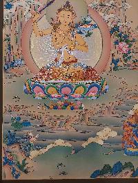 Buddhist [karma Gadri Art], Handmade Thangka Of Manjushri, Manjushree, [real Gold, Hand Painted], Supported By Chenrezig And Vajrapani