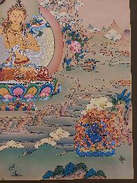 Buddhist [karma Gadri Art], Handmade Thangka Of Manjushri, Manjushree, [real Gold, Hand Painted], Supported By Chenrezig And Vajrapani