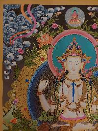 Buddhist Handmade Thangka Of Chenrezig, Avalokitesvara, [real Gold, Hand Painted], Three Great Bodhisattvas