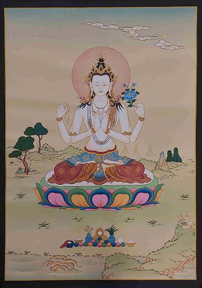 [karma Gadri Art], Handmade Thangka Of Chenrezig [real Gold, Hand Painted]