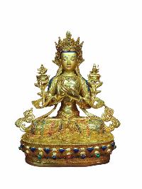 Buddhist Handmade Statue Of Maitreya Buddha [full Gold Plated, Stone Setting, Face Painted]