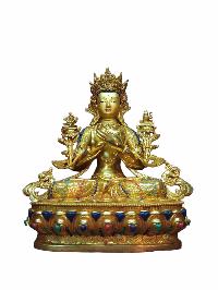 Buddhist Handmade Statue Of Maitreya Buddha [full Gold Plated, Stone Setting, Face Painted]