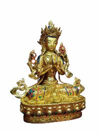 Buddhist Handmade Statue Of Chenrezig, [full Gold Plated, Stone Setting, Face Painted]