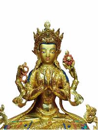 Buddhist Handmade Statue Of Chenrezig, [full Gold Plated, Stone Setting, Face Painted]