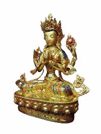 Buddhist Handmade Statue Of Chenrezig, [full Gold Plated, Stone Setting, Face Painted]