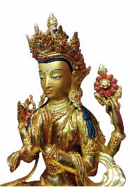 Buddhist Handmade Statue Of Chenrezig, [full Gold Plated, Stone Setting, Face Painted]