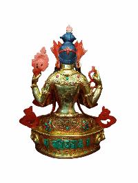 Buddhist Handmade Statue Of Chenrezig, [full Gold Plated, Stone Setting, Face Painted]