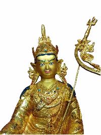 Buddhist Handmade Statue Of Padmasambhava, [full Gold Plated, Stone Setting, Face Painted]