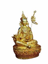 Buddhist Handmade Statue Of Padmasambhava, [full Gold Plated, Stone Setting, Face Painted]