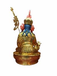 Buddhist Handmade Statue Of Padmasambhava, [full Gold Plated, Stone Setting, Face Painted]