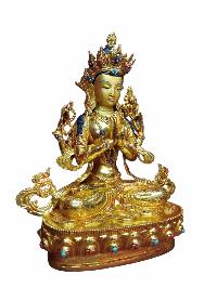 Buddhist Handmade Statue Of Chenrezig, [full Fire Gold Plated, Stone Setting, Face Painted]