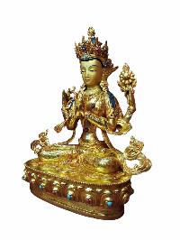 Buddhist Handmade Statue Of Chenrezig, [full Fire Gold Plated, Stone Setting, Face Painted]