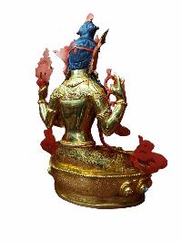 Buddhist Handmade Statue Of Chenrezig, [full Fire Gold Plated, Stone Setting, Face Painted]