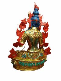 Buddhist Handmade Statue Of Green Tara, [full Fire Gold Plated, Stone Setting, Face Painted]