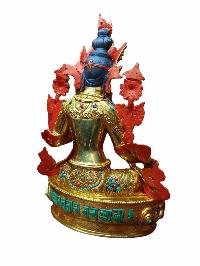 Buddhist Handmade Statue Of Green Tara, [full Fire Gold Plated, Stone Setting, Face Painted]