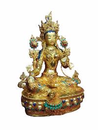 Buddhist Handmade Statue Of Green Tara, [full Fire Gold Plated, Stone Setting, Face Painted]