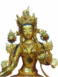 Buddhist Handmade Statue Of Green Tara, [full Fire Gold Plated, Stone Setting, Face Painted]