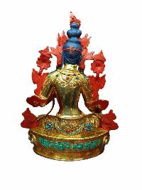 Buddhist Handmade Statue Of Green Tara, [full Fire Gold Plated, Stone Setting, Face Painted]