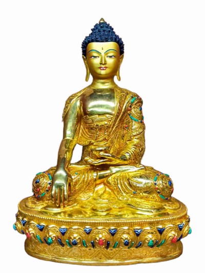 Buddhist Handmade Statue Of Shakyamuni Buddha, [full Fire Gold Plated, Stone Setting, Face Painted]