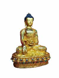 Buddhist Handmade Statue Of Shakyamuni Buddha, [full Fire Gold Plated, Stone Setting, Face Painted]