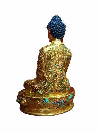 Buddhist Handmade Statue Of Shakyamuni Buddha, [full Fire Gold Plated, Stone Setting, Face Painted]