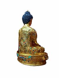 Buddhist Handmade Statue Of Shakyamuni Buddha, [full Fire Gold Plated, Stone Setting, Face Painted]