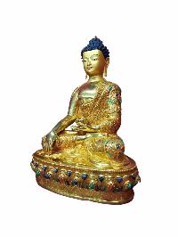 Buddhist Handmade Statue Of Shakyamuni Buddha, [full Fire Gold Plated, Stone Setting, Face Painted]